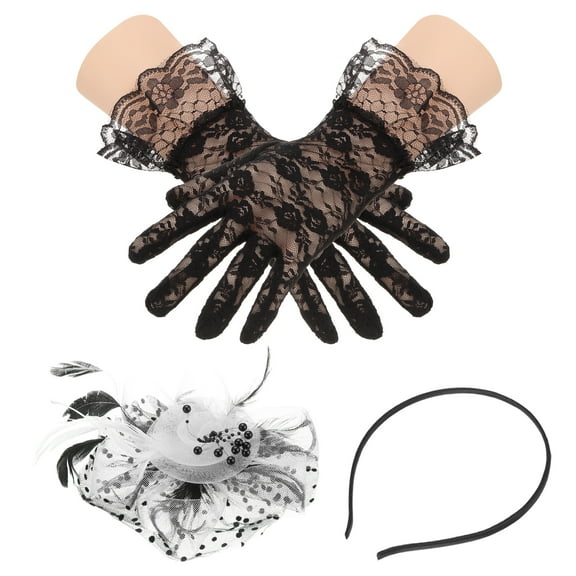 Uxcell Fascinators Hat Clip Set with Hair Clip and Short Floral Lace Gloves Tea Party Face Veil Hat Vintage Headwear Black/White
