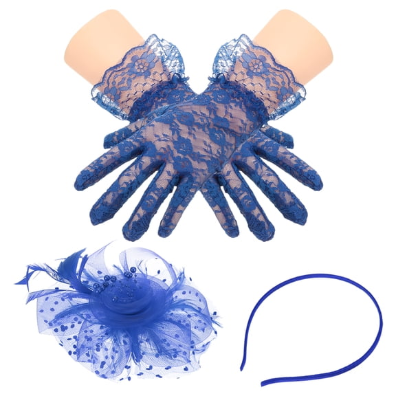 Uxcell Fascinators Hat Clip Set with Hair Clip and Short Floral Lace Gloves Tea Party Face Veil Hat Vintage Headwear Blue