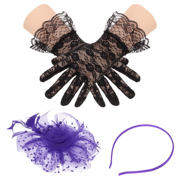 Uxcell Fascinators Hat Clip Set with Hair Clip and Short Floral Lace Gloves Tea Party Face Veil Hat Vintage Headwear Purple