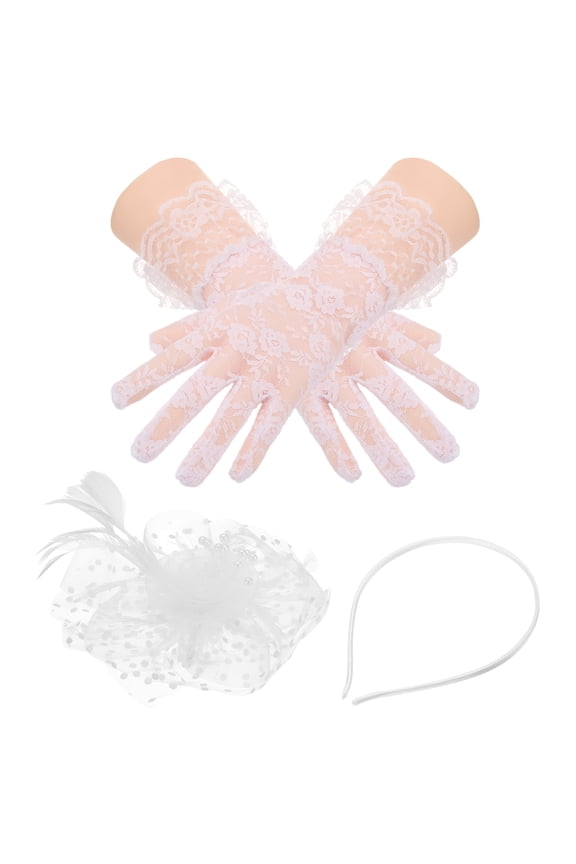 Fascinators Hat Clip Set with Hair Clip and Short Floral Lace Gloves Tea Party Face Veil Hat Vintage Headwear White