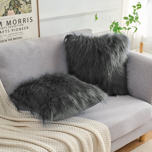 REGALWOVEN Faux Fluffy Throw Pillow Covers with Zipper Closure Set of 2, Dark Gray 18" x 18"