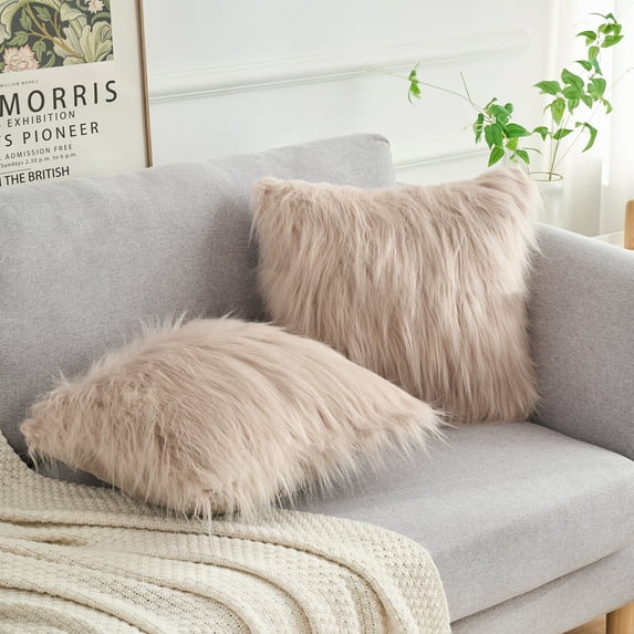 REGALWOVEN Faux Fluffy Throw Pillow Covers with Zipper Closure Set of 2, Light Brown 18" x 18"