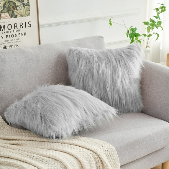 REGALWOVEN Faux Fluffy Throw Pillow Covers with Zipper Closure Set of 2, Light Grey 18" x 18"