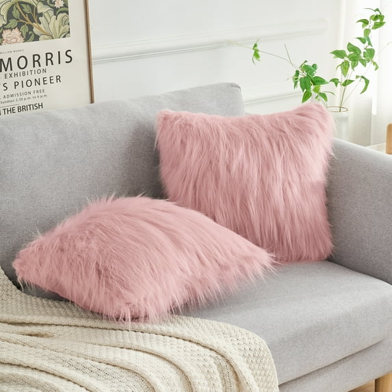 REGALWOVEN Faux Fluffy Throw Pillow Covers with Zipper Closure Set of 2, Pink 18" x 18"