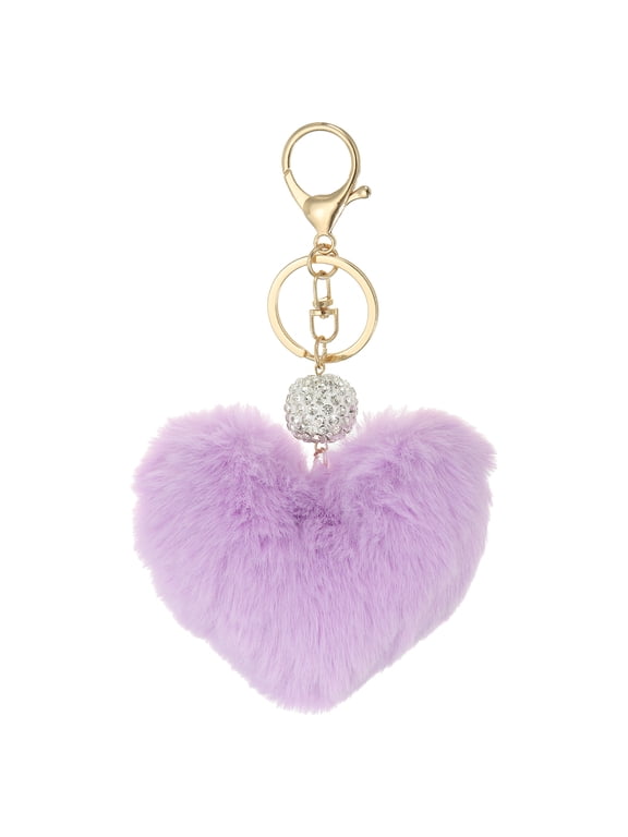 Faux Fur Pom Pom Keychain Artificial Cute Puff Ball Keychain Heart Fluffy Charm Plush Pendant Light Purple