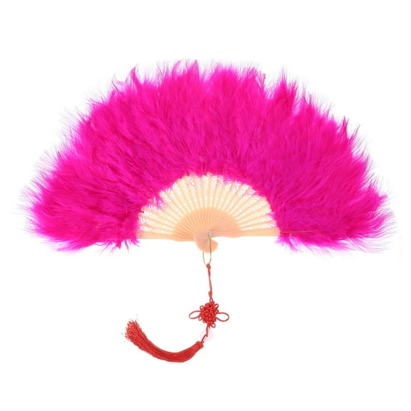 Uxcell Feather Hand Fan Rose Red Vintage Folding Fan with Chinese Knots Feather Fan Handheld for Dancing Decoration