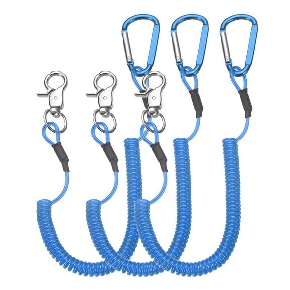 Uxcell Fishing Lanyard, (59.06" Length, Blue) (3Pcs), Retractable Coiled Tether Anti-lost Rope Coiled with Carabiners and 360 Rotatable Hook, Suit for - Fishing/Hunting /Hiking/Boating