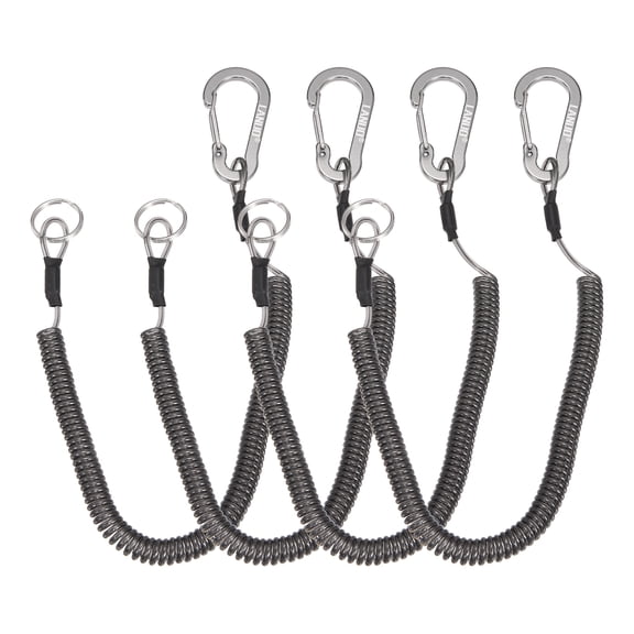 Uxcell Fishing Lanyard (59", Gray)(4Pcs) Safety Fishing Pole Tether Kayak Paddle Leash Cord Retractable Coil Lanyard Fishing Tool Stainless Steel Wire Inside with Spring Buckle & Key Ring
