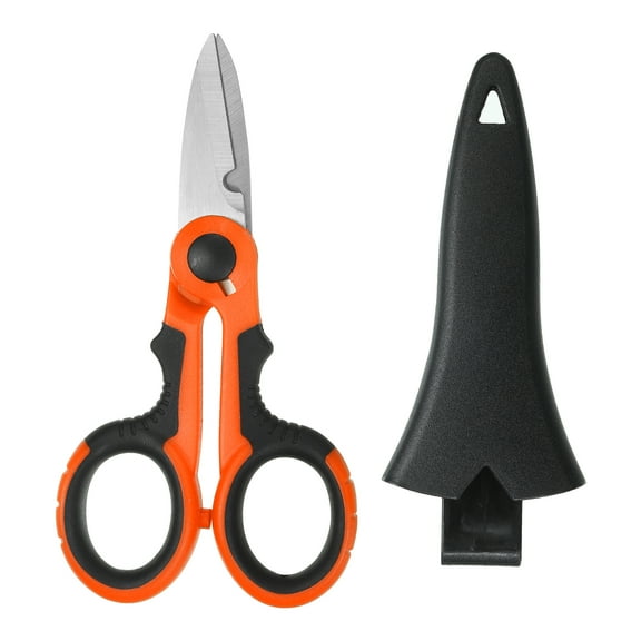 Uxcell Fishing Scissors Non-Slip Braided Serrated Edge Scissor with Plastic Shell Sheath, Orange, Black
