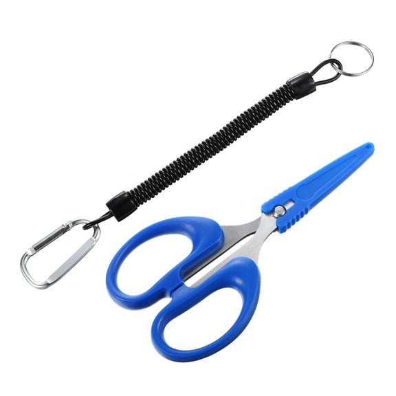 Uxcell Fishing Scissors Stainless Steel Non-Slip Braided Serrated Edge Scissor with Safety Cover Lanyard, Blue