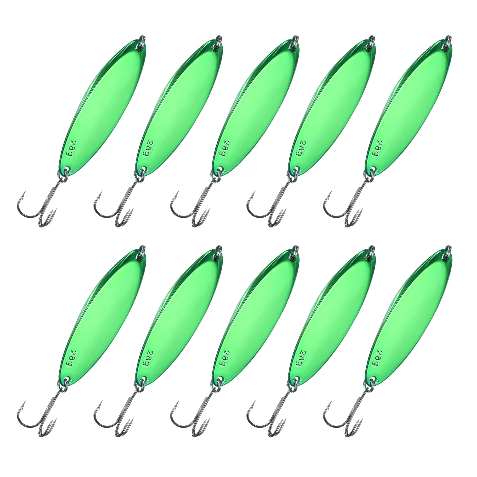 Uxcell Fishing Spoons Lures, Metal Saltwater Treble Trout Lures Jigging Spoon with Treble Hooks Casting Spinner Baits 10 Pcs & 1 oz & Green - Fitting for (Freshwater/Salmon/Bass/Trout)