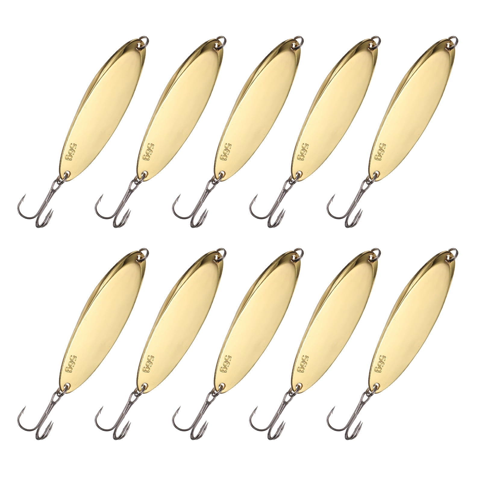Uxcell Fishing Spoons Lures, Metal Saltwater Treble Trout Lures Jigging Spoon with Treble Hooks Casting Spinner Baits 10 Pcs & 2oz & Gold - Fitting for (Freshwater/Salmon/Bass/Trout)