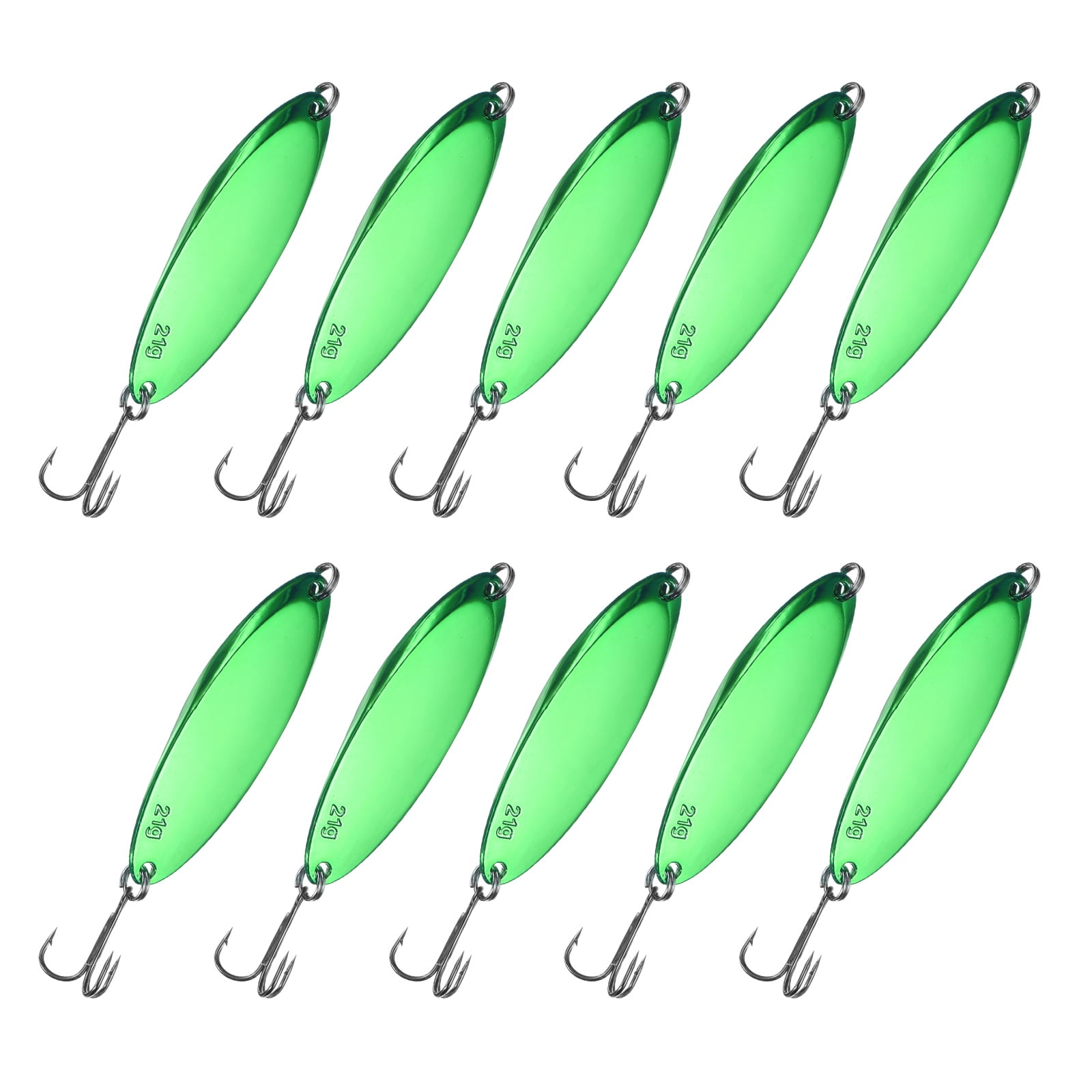 Uxcell Fishing Spoons Lures, Metal Saltwater Treble Trout Lures Jigging Spoon with Treble Hooks Casting Spinner Baits 10 Pcs & 3/4 oz & Green - Fitting for (Freshwater/Salmon/Bass/Trout)