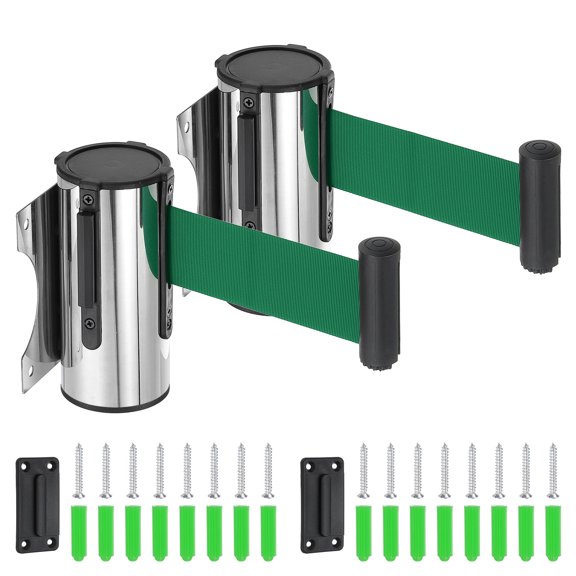 Uxcell Fixed Wall Mount Retractable Belt Barrier Fixed Crowd Control Retractable Belts for Queue Retail Stores Stadium Silver/Green 9.84 ft