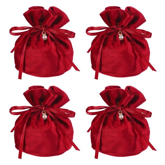 Uxcell Flannel Drawstring Gift Bags, Jewelry Pouches Mini Gift Packaging Bag, 6 x 5.5 in Storage Pouch with Pearl (4 Pack, Burgundy)