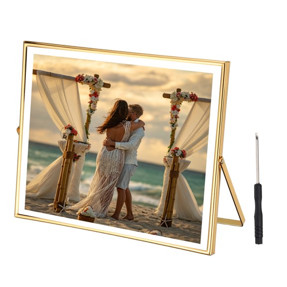 Uxcell Floating Frame 10" x 8" Metal Landscape Tabletop Photo Frame for Picture 8" Gold Modern Tabletop Display