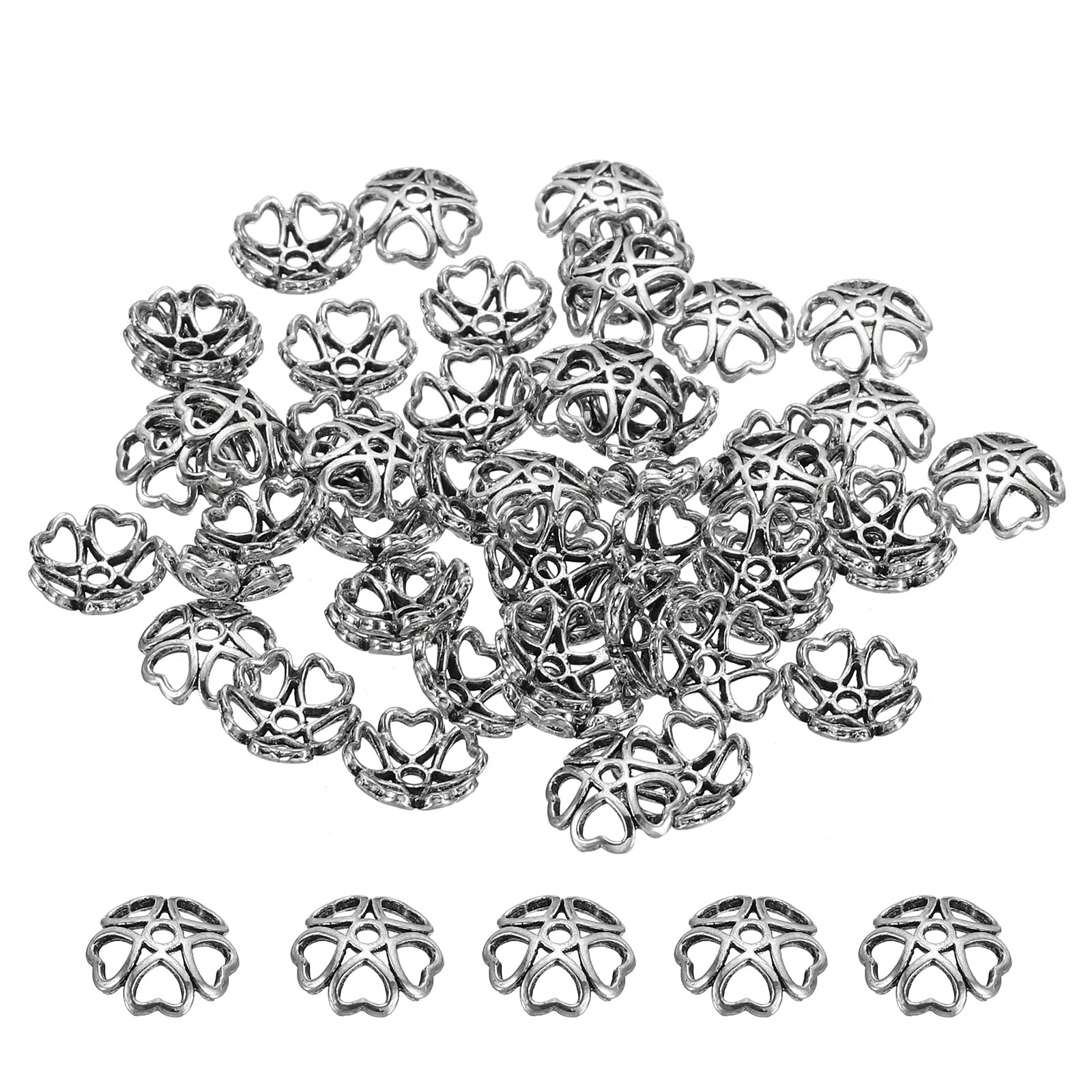 Uxcell Flower Bead Caps, 50Pcs 10x3mm Hollow Metal Spacer Bead End Caps Silver Tone