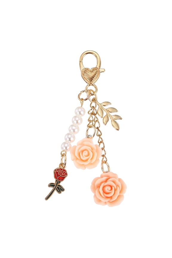 Flower Charm Keychain, Cute Resin Pink Rose Pendant Keychains Tassel Pearl Chain Keyring with Jewelry Box for Women Purse Handbag Bag Car Keys Accessories