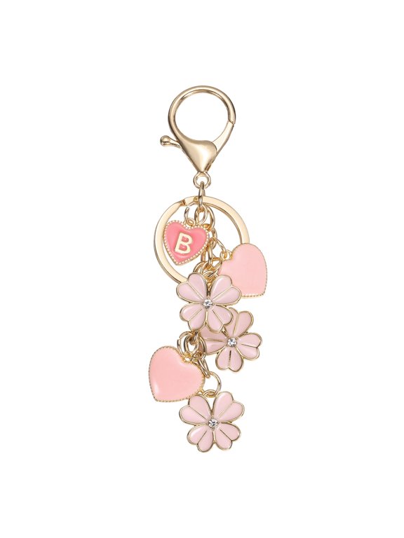 Flower Initial Keychain, Cute Key Chains Flower Purse Keychain Charms Enamel Letter Keyring Key Chain Accessories for Women Girls Bag Handbags Backpack, Pink Letter B