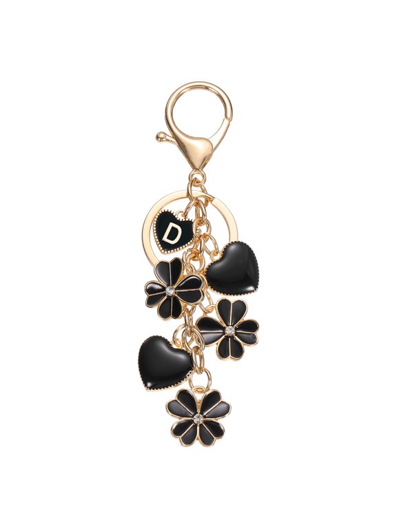 Flower Initial Keychain, Cute Key Chains Flower Purse Keychain Charms Enamel Letter Keyring Key Chain Accessories for Women Girls Bag Handbags Backpack, Black Letter D