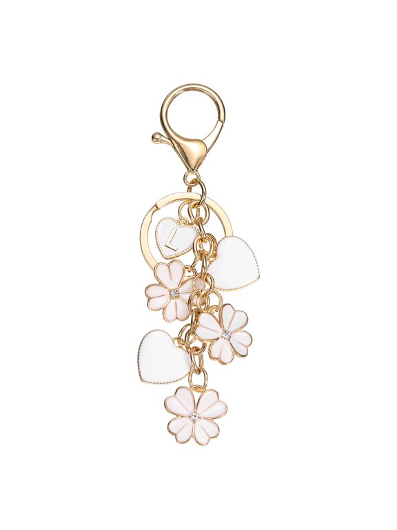 Flower Initial Keychain, Cute Key Chains Flower Purse Keychain Charms Enamel Letter Keyring Key Chain Accessories for Women Girls Bag Handbags Backpack, White Letter L