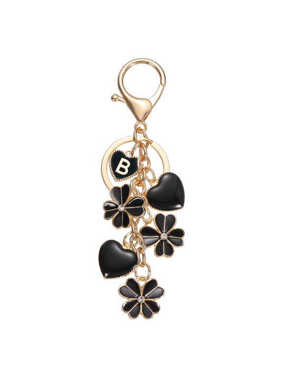 Flower Initial Keychain, Cute Key Chains Flower Purse Keychain Charms Enamel Letter Keyring Key Chain Accessories for Women Girls Bag Handbags Backpack, Black Letter B