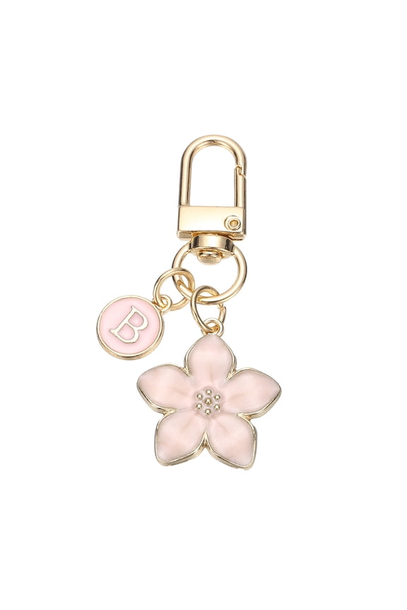 Flower Initial Keychain, Letter Keychain Charm Graceful Flower with Letter B for Women Pendant Key Wallet Handbag Backpack Bag Accessories, Pink