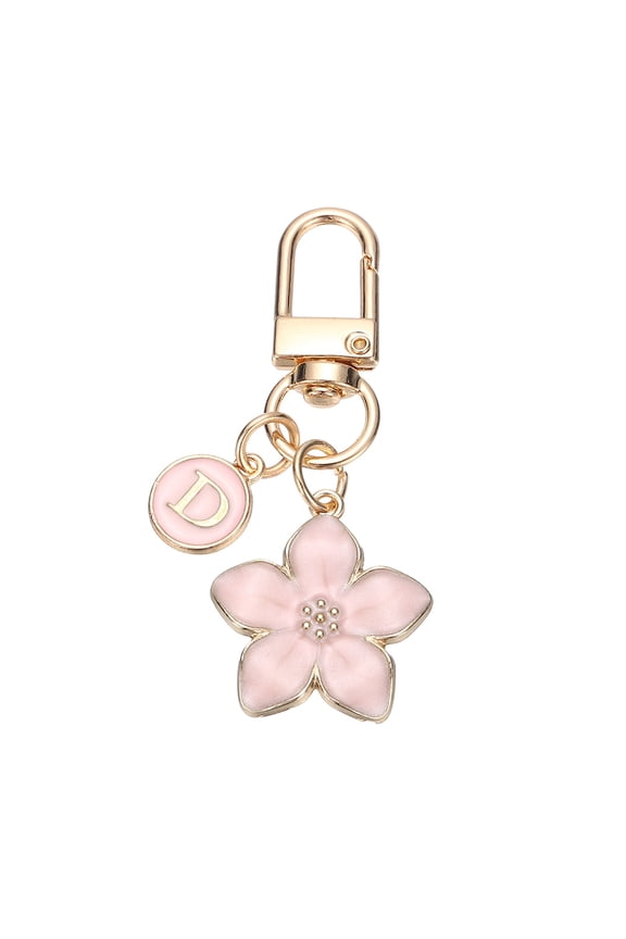 Flower Initial Keychain, Letter Keychain Charm Graceful Flower with Letter D for Women Pendant Key Wallet Handbag Backpack Bag Accessories, Pink
