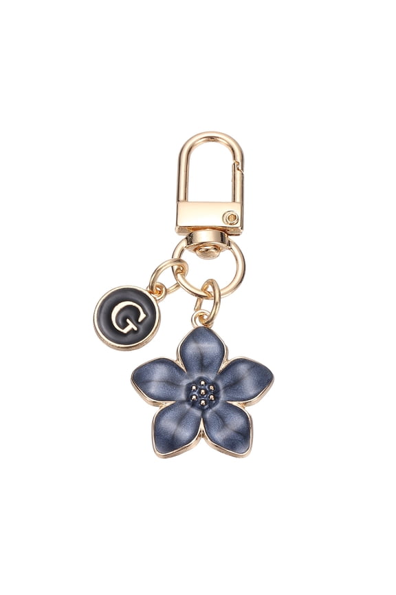 Flower Initial Keychain, Letter Keychain Charm Graceful Flower with Letter G for Women Pendant Key Wallet Handbag Backpack Bag Accessories, Black