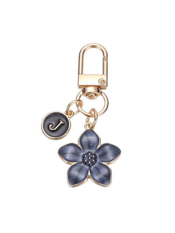 Flower Initial Keychain, Letter Keychain Charm Graceful Flower with Letter J for Women Pendant Key Wallet Handbag Backpack Bag Accessories, Black
