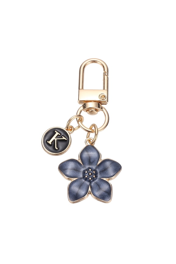 Flower Initial Keychain, Letter Keychain Charm Graceful Flower with Letter K for Women Pendant Key Wallet Handbag Backpack Bag Accessories, Black