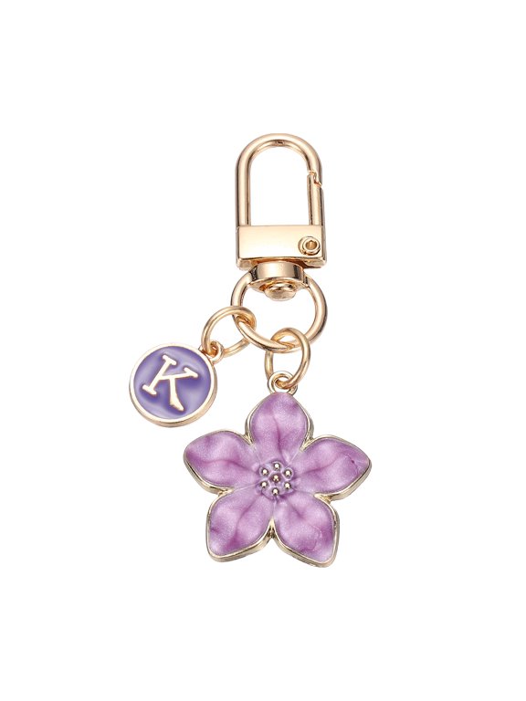 Flower Initial Keychain, Letter Keychain Charm Graceful Flower with Letter K for Women Pendant Key Wallet Handbag Backpack Bag Accessories, Purple
