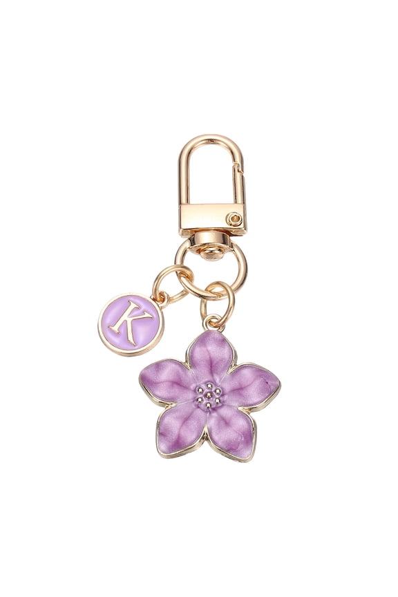 Flower Initial Keychain, Letter Keychain Charm Graceful Flower with Letter K for Women Pendant Key Wallet Handbag Backpack Bag Accessories, Purple