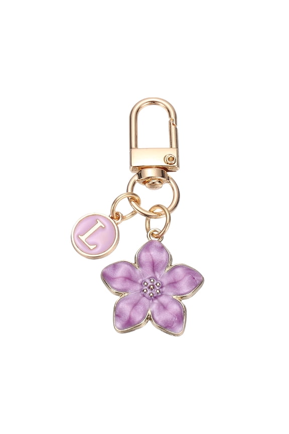 Flower Initial Keychain, Letter Keychain Charm Graceful Flower with Letter L for Women Pendant Key Wallet Handbag Backpack Bag Accessories, Purple