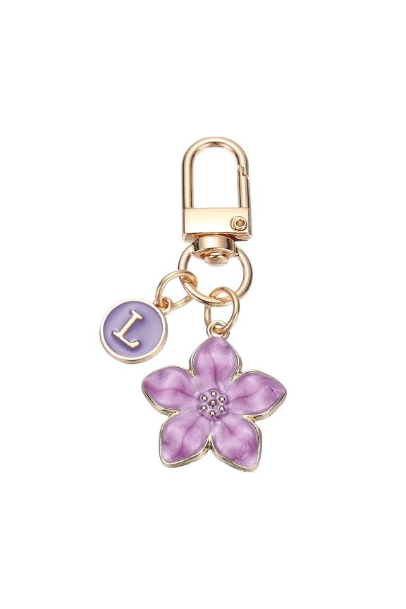 Flower Initial Keychain, Letter Keychain Charm Graceful Flower with Letter L for Women Pendant Key Wallet Handbag Backpack Bag Accessories, Purple