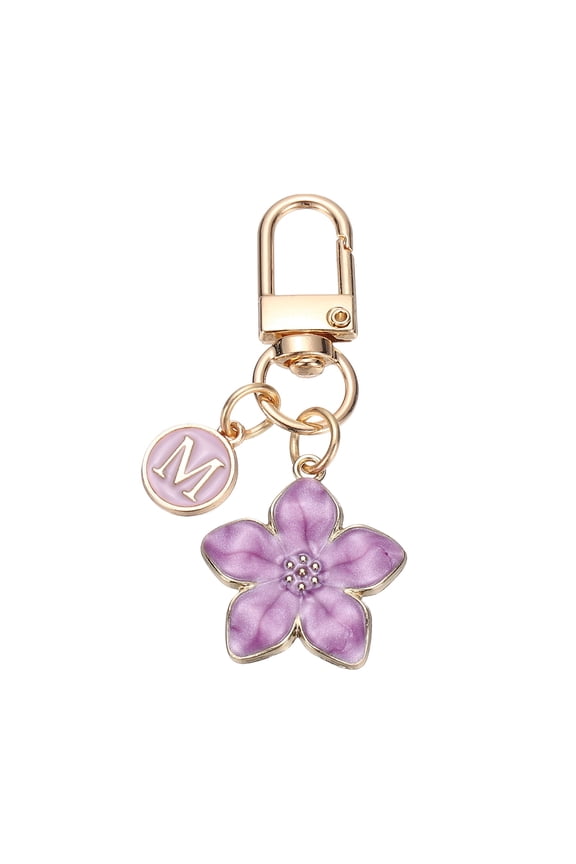 Flower Initial Keychain, Letter Keychain Charm Graceful Flower with Letter M for Women Pendant Key Wallet Handbag Backpack Bag Accessories, Purple