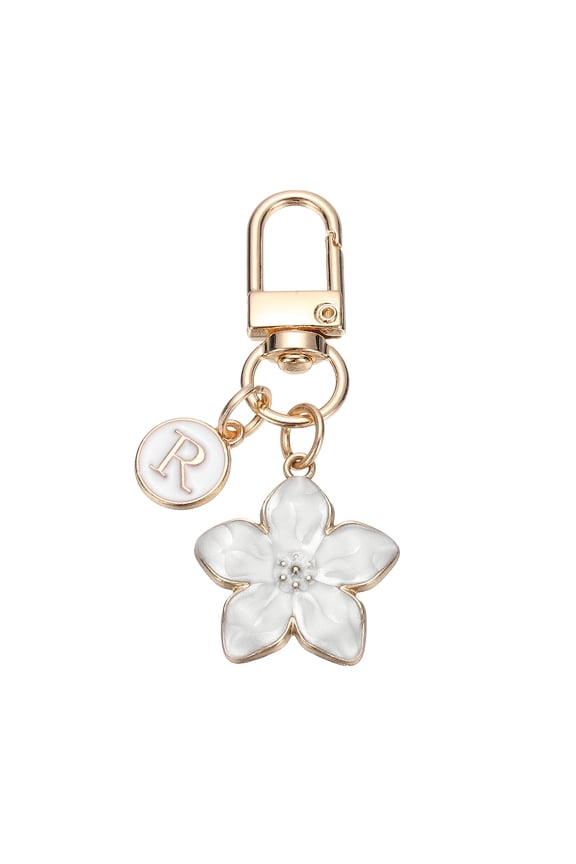 Flower Initial Keychain, Letter Keychain Charm Graceful Flower with Letter R for Women Pendant Key Wallet Handbag Backpack Bag Accessories, White