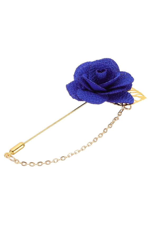 Flower Lapel Stick Brooch Pin with Gold Leaf Brooch Satin Tassel Chain Dangling Handmade Boutonnieres Pins for Suit Collar Wedding Party, Bright Blue