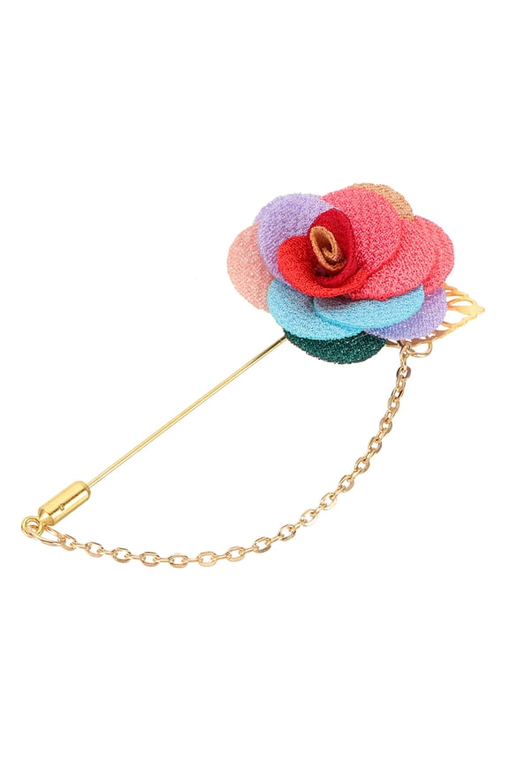 Flower Lapel Stick Brooch Pin with Gold Leaf Brooch Satin Tassel Chain Dangling Handmade Boutonnieres Pins for Suit Collar Wedding Party, Multicolor