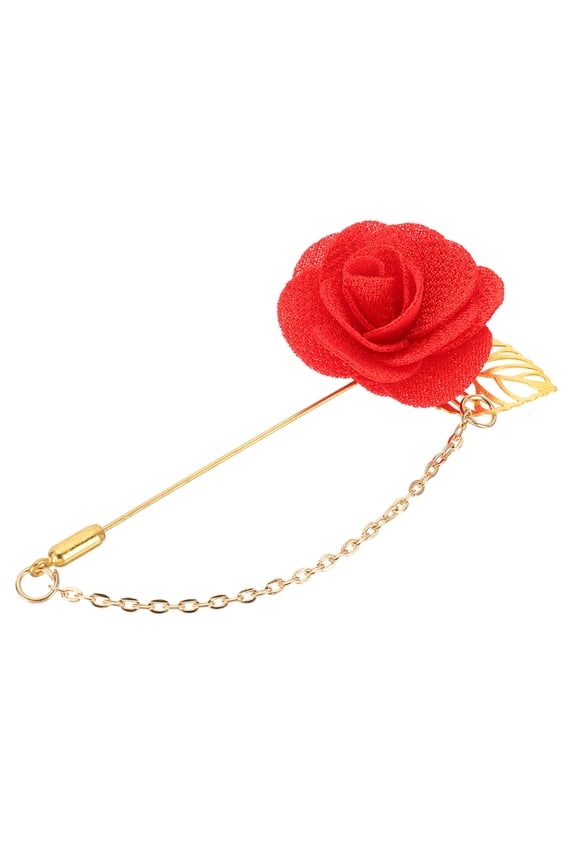 Flower Lapel Stick Brooch Pin with Gold Leaf Brooch Satin Tassel Chain Dangling Handmade Boutonnieres Pins for Suit Collar Wedding Party, Orange