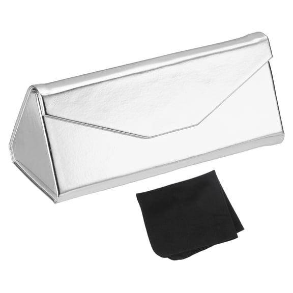 Uxcell Foldable Glasses Case, Triangle Magnetic Sunglasses Organizer Case PU Leather Hard Eyeglass Case with Soft Cloth for Women Man Glasses Organization, Polished Silver