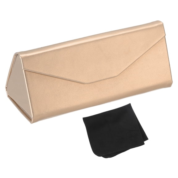 Uxcell Foldable Glasses Case, Triangle Magnetic Sunglasses Organizer Case PU Leather Hard Eyeglass Case with Soft Cloth for Women Man Glasses Organization, Champagne Gold