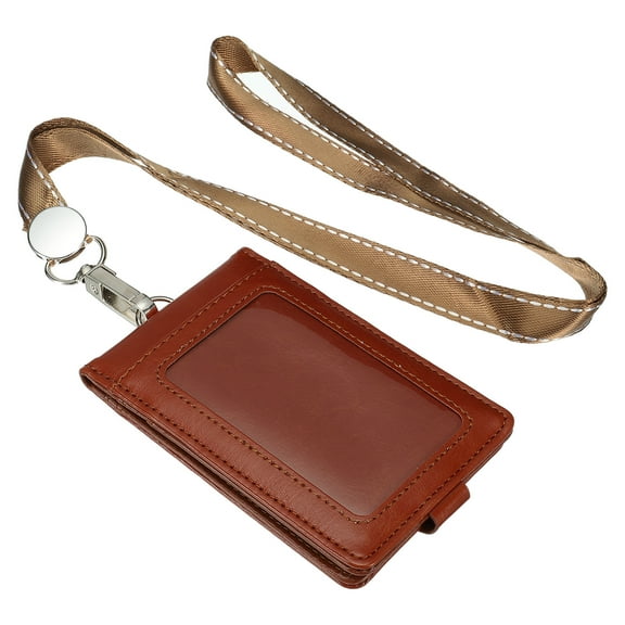 Uxcell Folded PU Leather ID Badge Holder with Lanyard with 1 Clear Window 4 Card Slot Brown