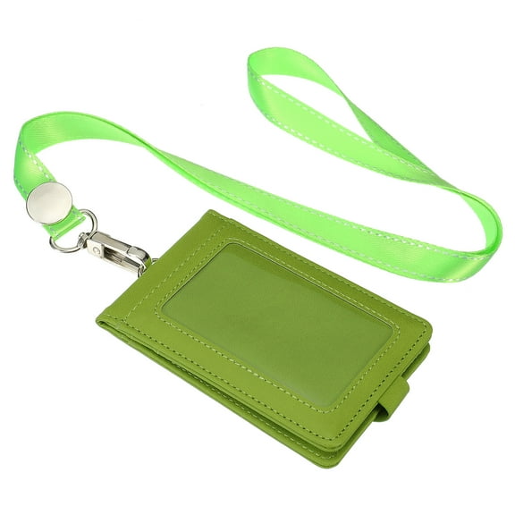 Uxcell Folded PU Leather ID Badge Holder with Lanyard with 1 Clear Window 4 Card Slot Green