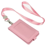 Uxcell Folded PU Leather ID Badge Holder with Lanyard with 1 Clear Window 4 Card Slot Pink