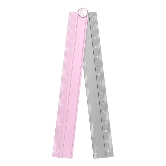 Uxcell Folding Straight Ruler 30cm Metric Aluminum Alloy Protractor Foldable Angle Ruler Geometric Measuring Tool with Angle Line for Architects Artists Office, Pink Silver Tone