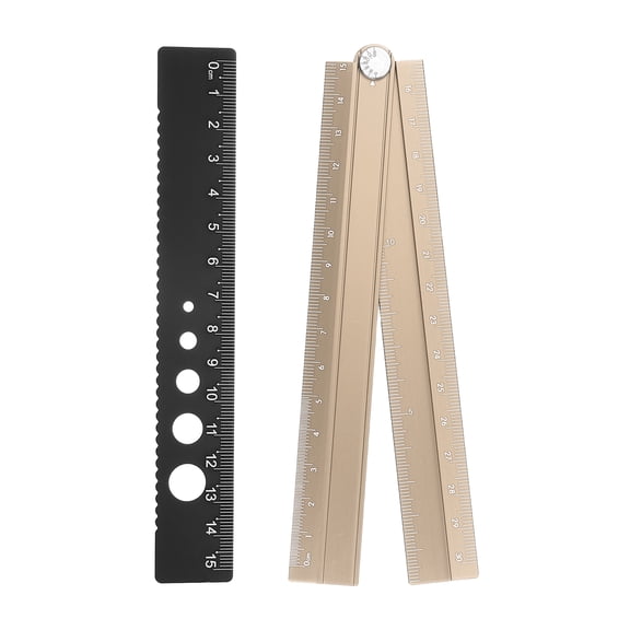 Uxcell Folding and Straight Ruler Kit 30/15cm Metric Aluminum Alloy Protractor Foldable Angle Wave Edge Ruler with Hollow Circle for Home Classroom Office, Khaki