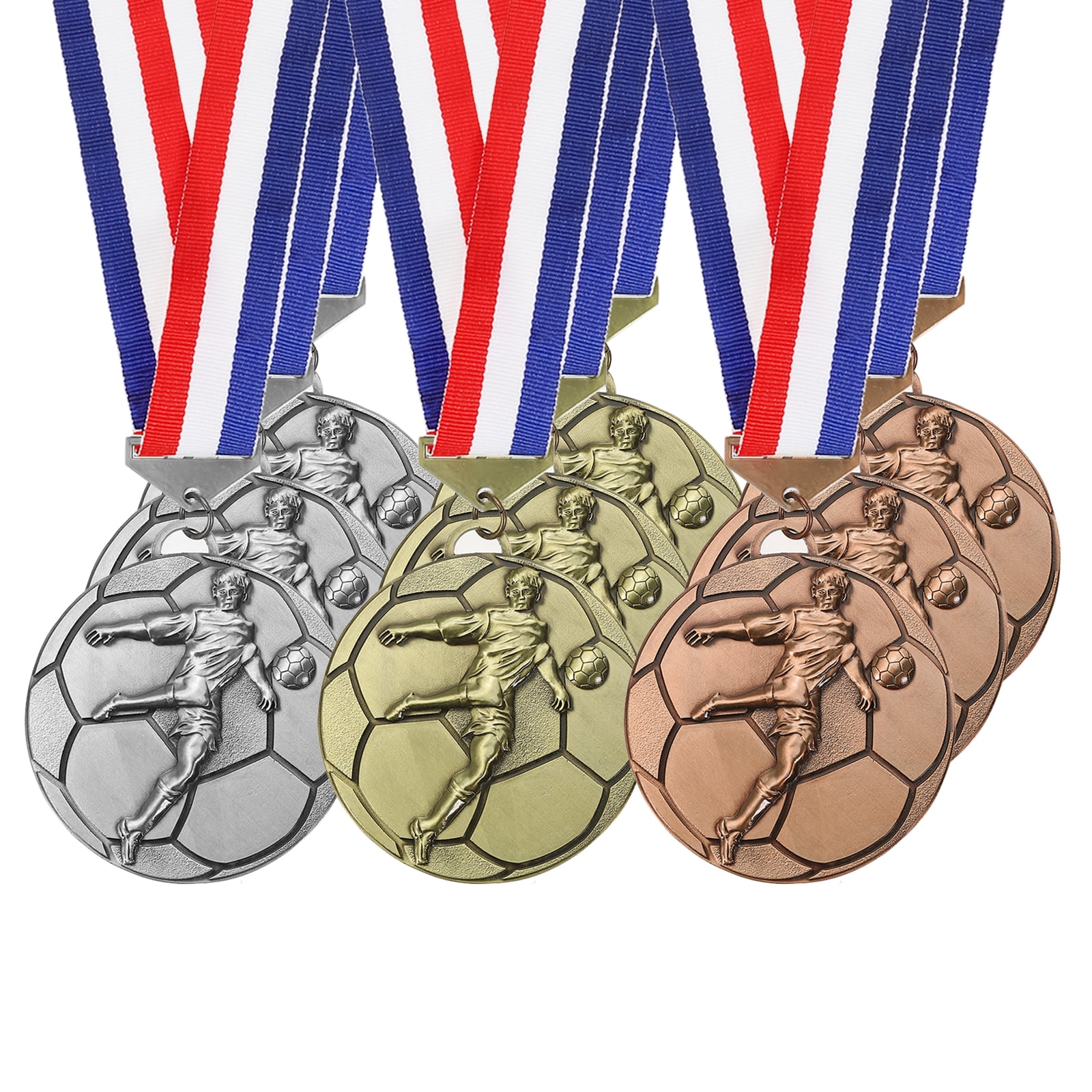 Uxcell Football Events Gold Silver Bronze Award Medals with Red & White & Blue Ribbons, 9 Pcs Winner Medals Prizes for Competitions Sports Party, Gold/Silver/Red