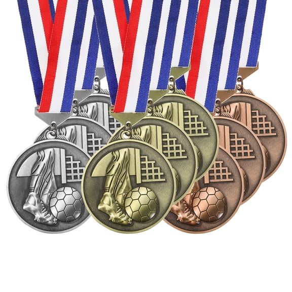 Uxcell Football Events Mesh Embossing Gold Silver Bronze Award Medals with Red & White & Blue Ribbons, 9 Pcs Winner Medals Prizes for Competitions Sports Party, Gold/Silver/Red