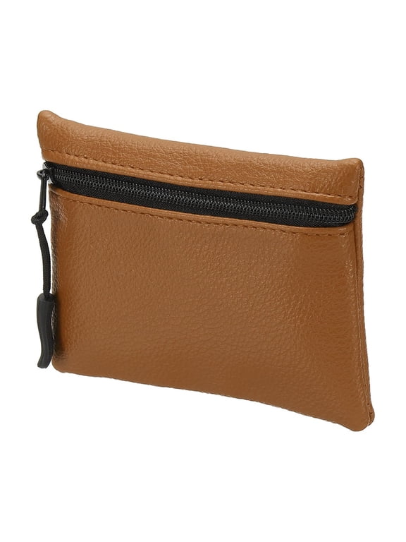 Full Grain PU Leather Zipper Coin Purse Portable Mini Card Key Pouch Wallet Light Brown
